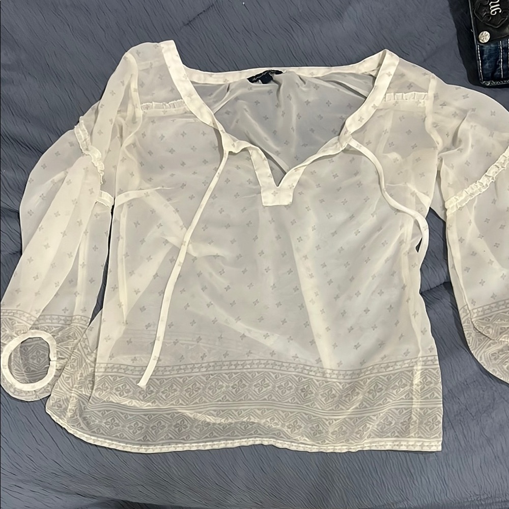 American Eagle Outfitters Sheer White Tie Front Blouse